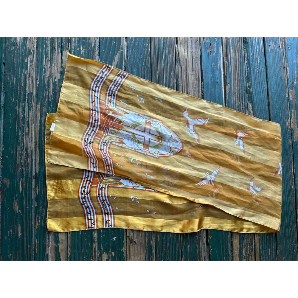 Vintage Religious Gold Sheer Scarf Doves Cross Musical Notes Oblong Korea